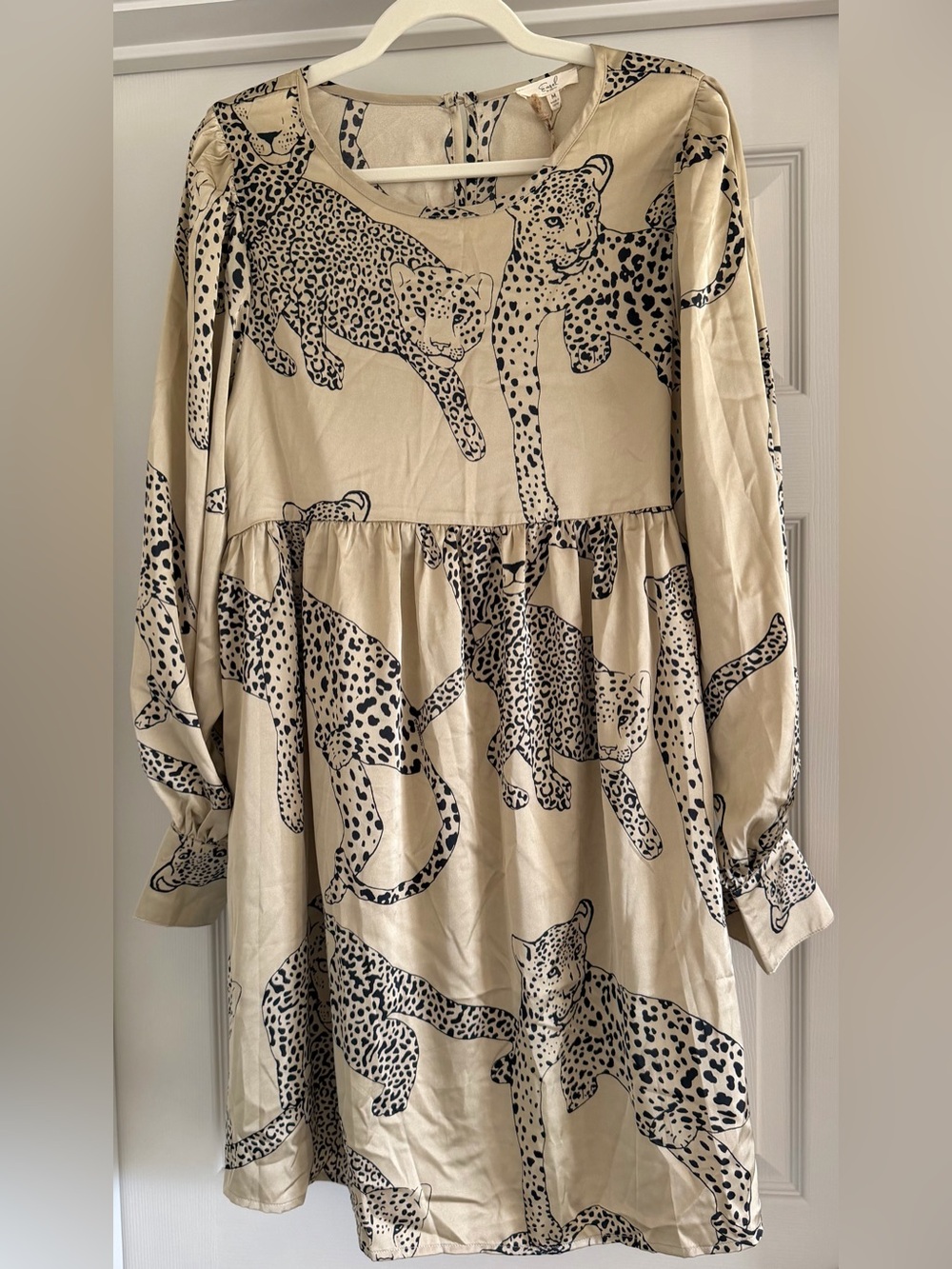 NWT easel Gold Shiny Babydoll Dress with Black Leopard Print, Long Sleeves Sz M